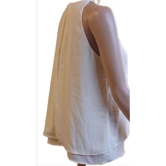 SAINT TROPEZ WEST-SMALL- Layered Chiffon Split Back Women's Sleeveless Beige Top - Picture 7 of 13